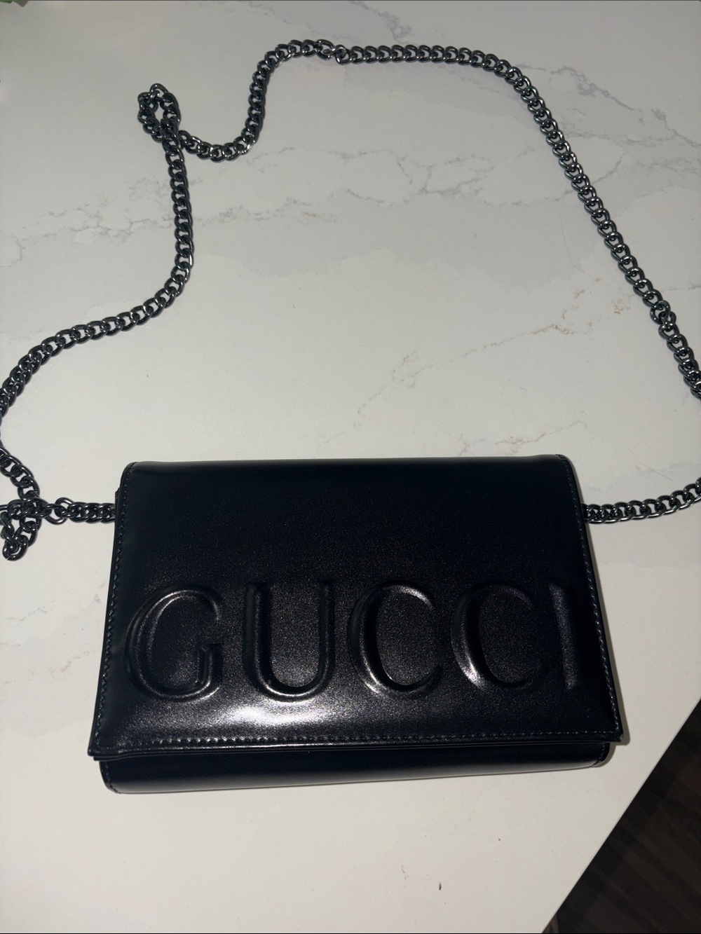 Gucci Black Leather Embossed Logo Chain Crossbody